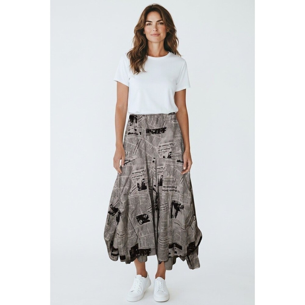 IC By Connie Xl Newspaper Print Pleated Skirt Bows Asymmetrical Boho Urban Chic